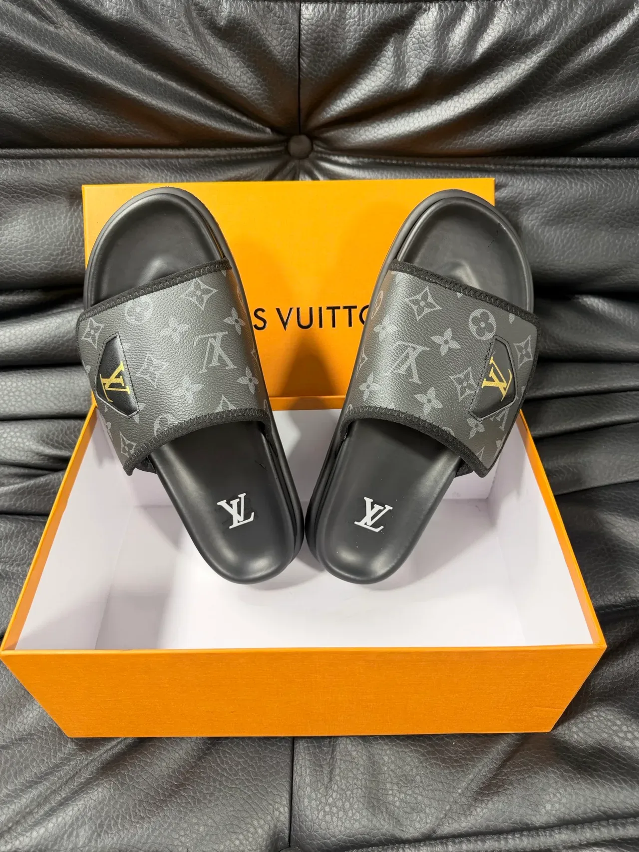 Louis Vuitton Slide Black Gold Monogrammed Canvas Upper Logo Patch Slippers 3