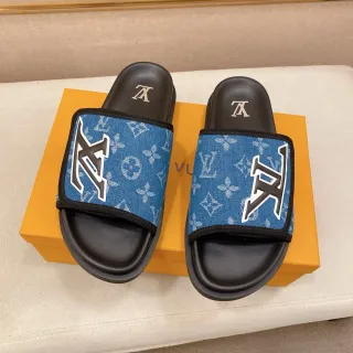 Louis Vuitton Slide Denim Monogram नीला काला Slippers