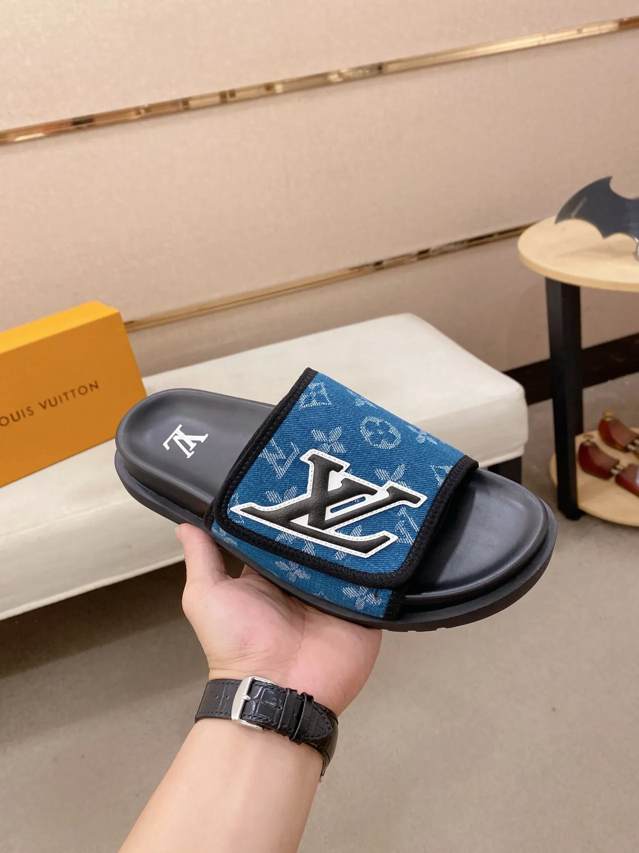 Louis Vuitton Slide Denim Monogram Blue Black Slippers 3