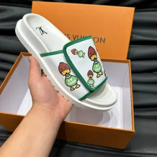 Louis Vuitton Slides White Green Leather Piped Strap Slippers