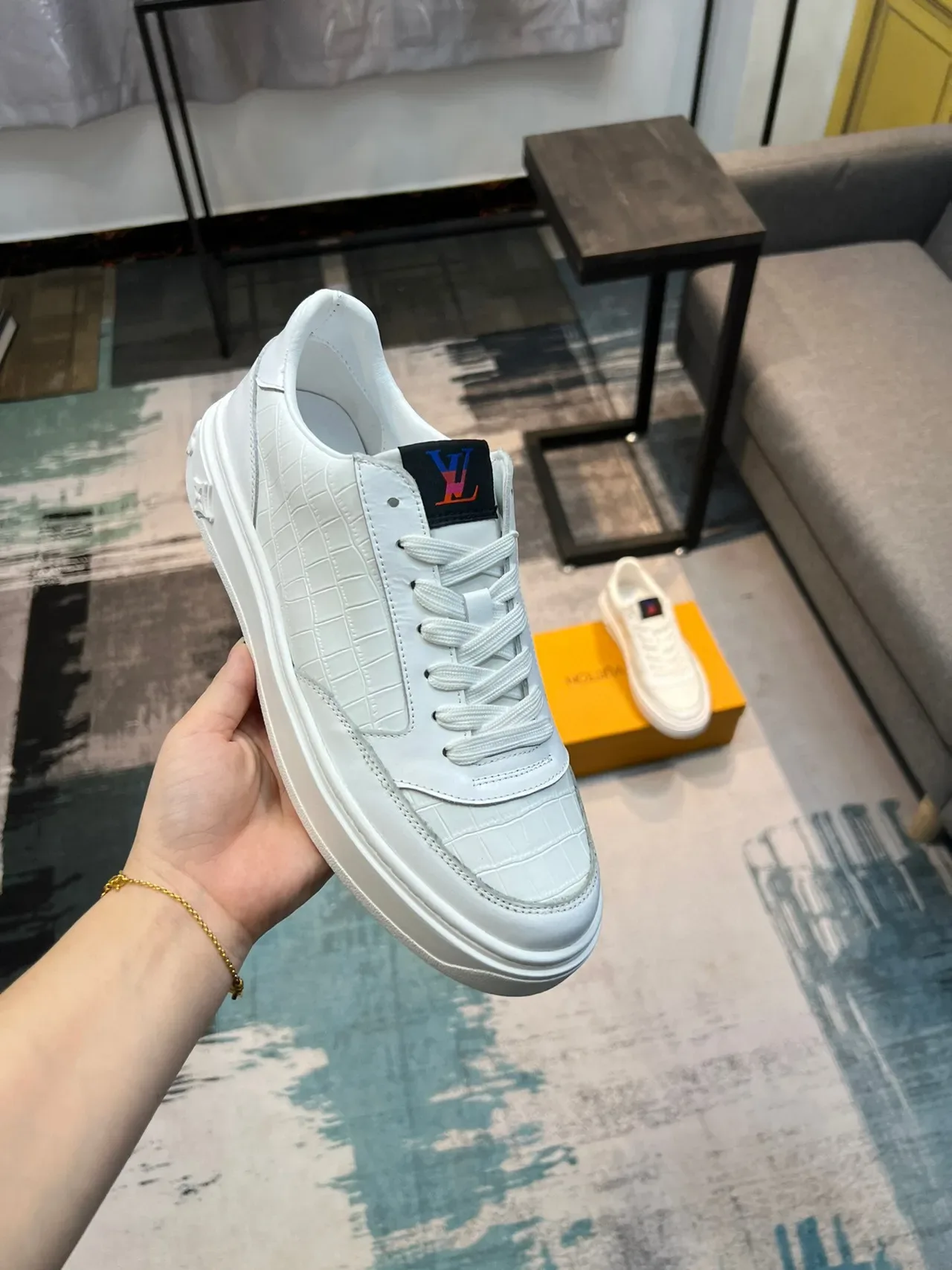Louis Vuitton White Black Croc-Embossed Leather Platform Sole Lifestyle Sneakers 6