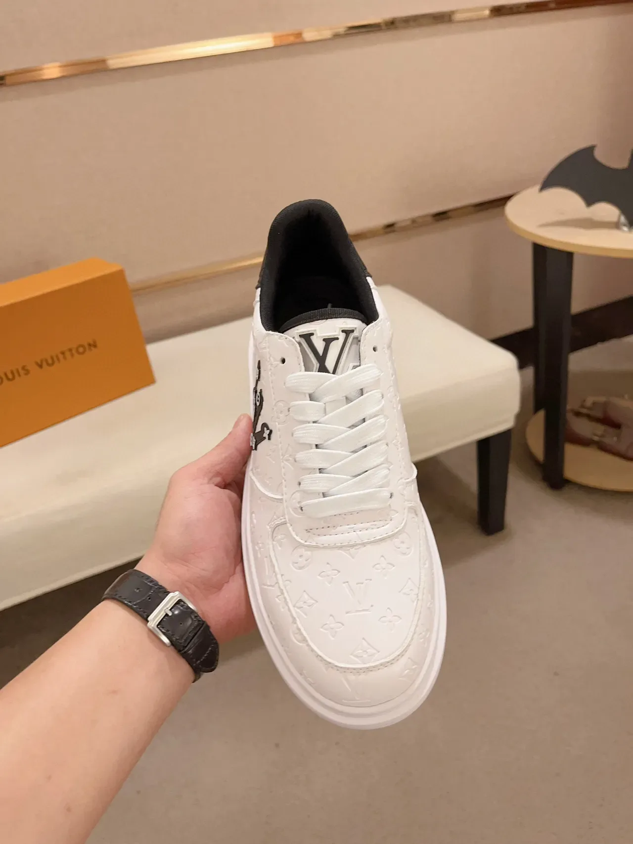 Louis Vuitton White Black Monogram-Embossed Leather Low-Top Silhouette Lifestyle Sneakers 2
