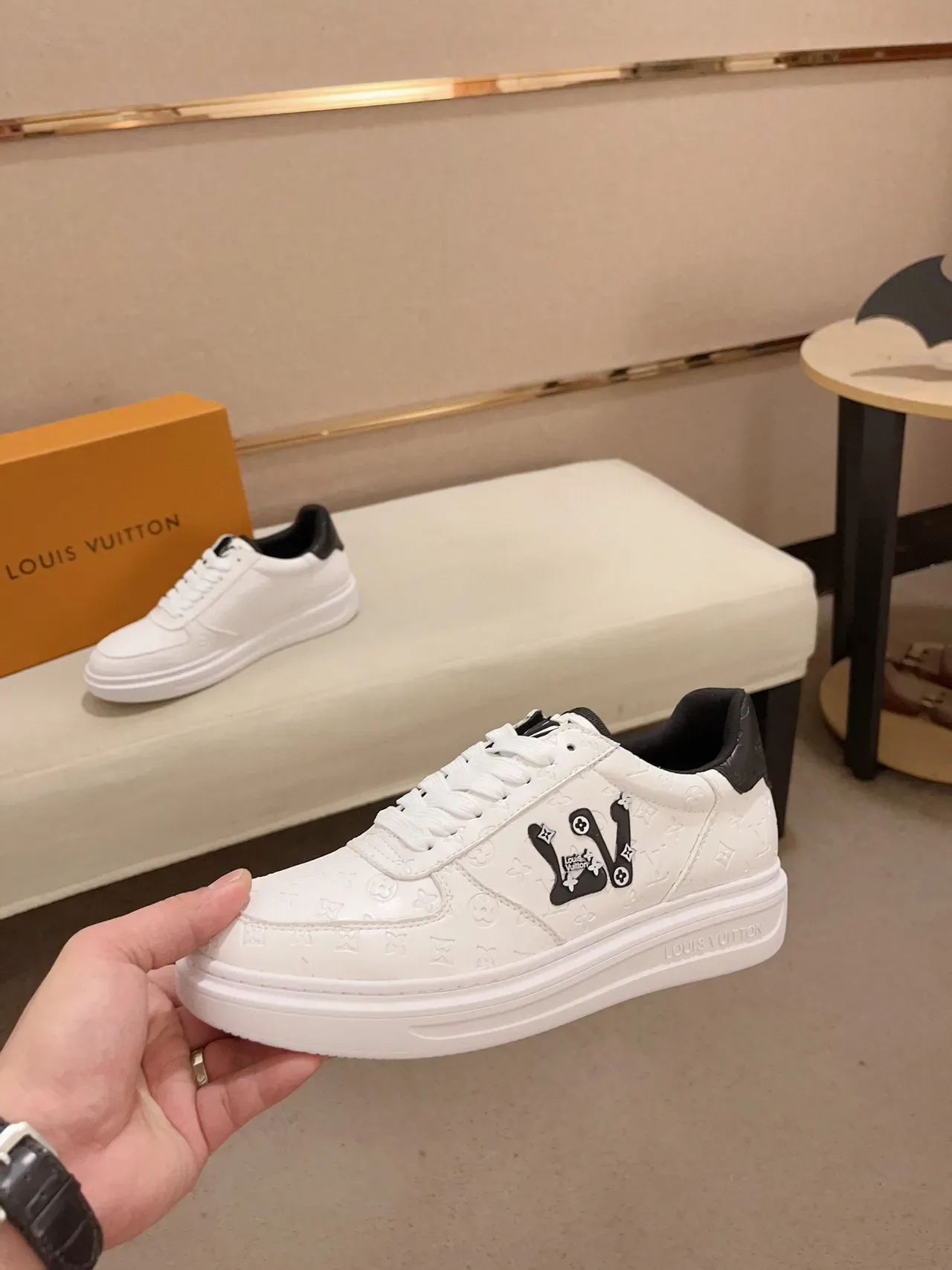 Louis Vuitton White Black Monogram-Embossed Leather Low-Top Silhouette Lifestyle Sneakers 3