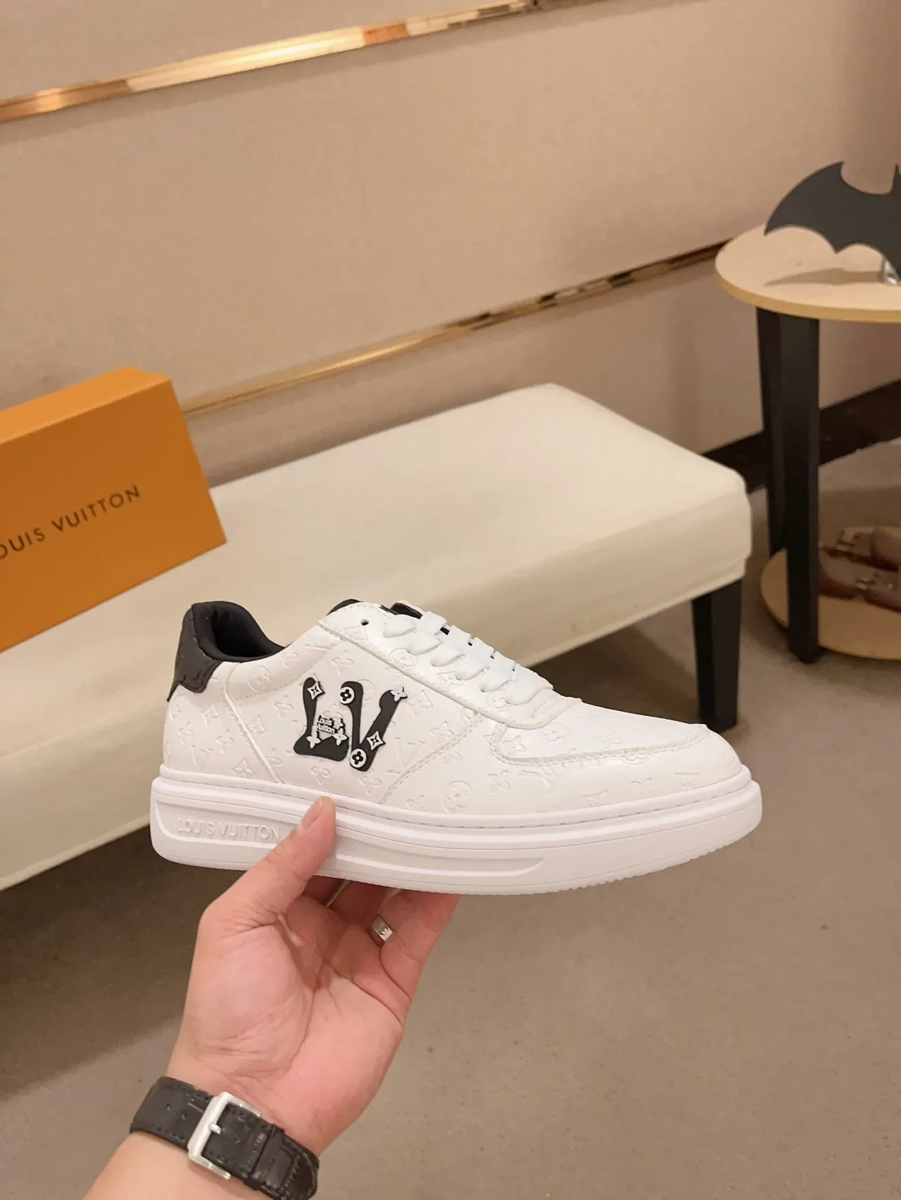 Louis Vuitton White Black Monogram-Embossed Leather Low-Top Silhouette Lifestyle Sneakers 4