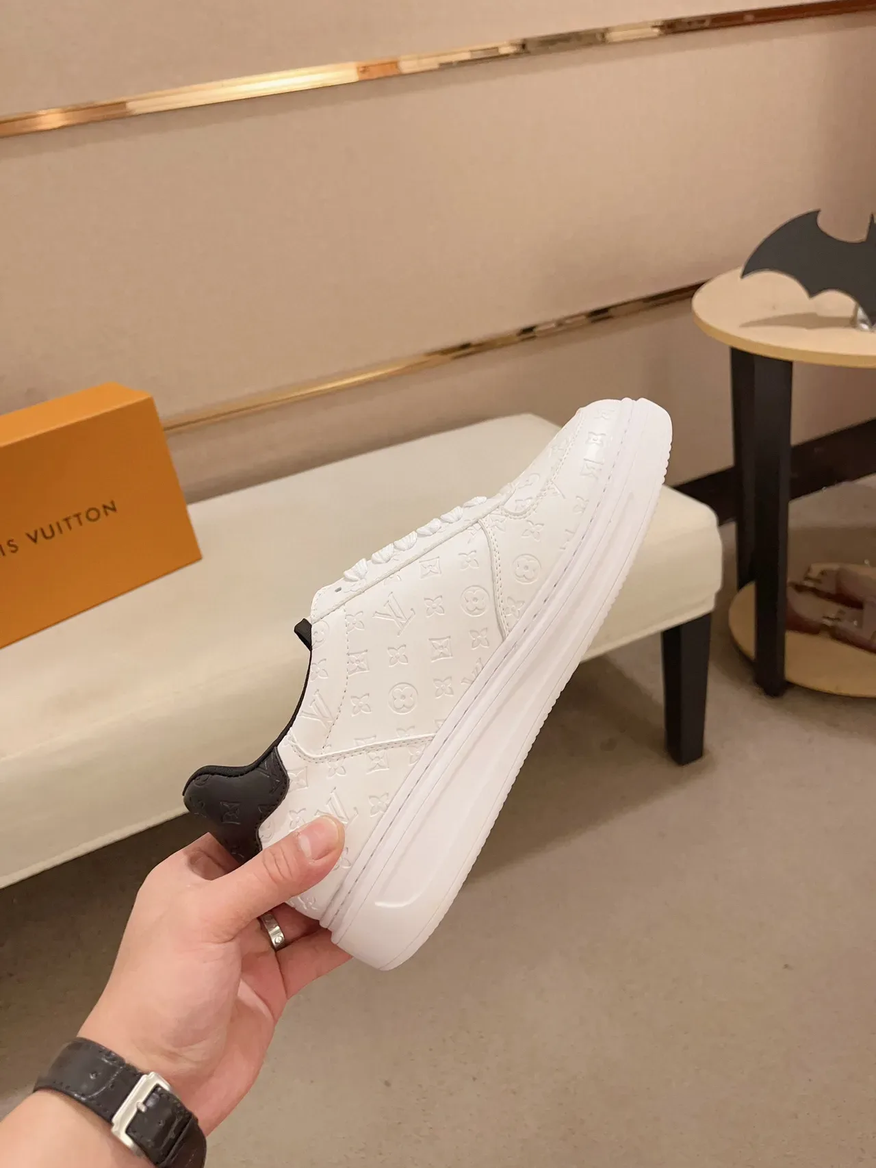 Louis Vuitton White Black Monogram-Embossed Leather Low-Top Silhouette Lifestyle Sneakers 5