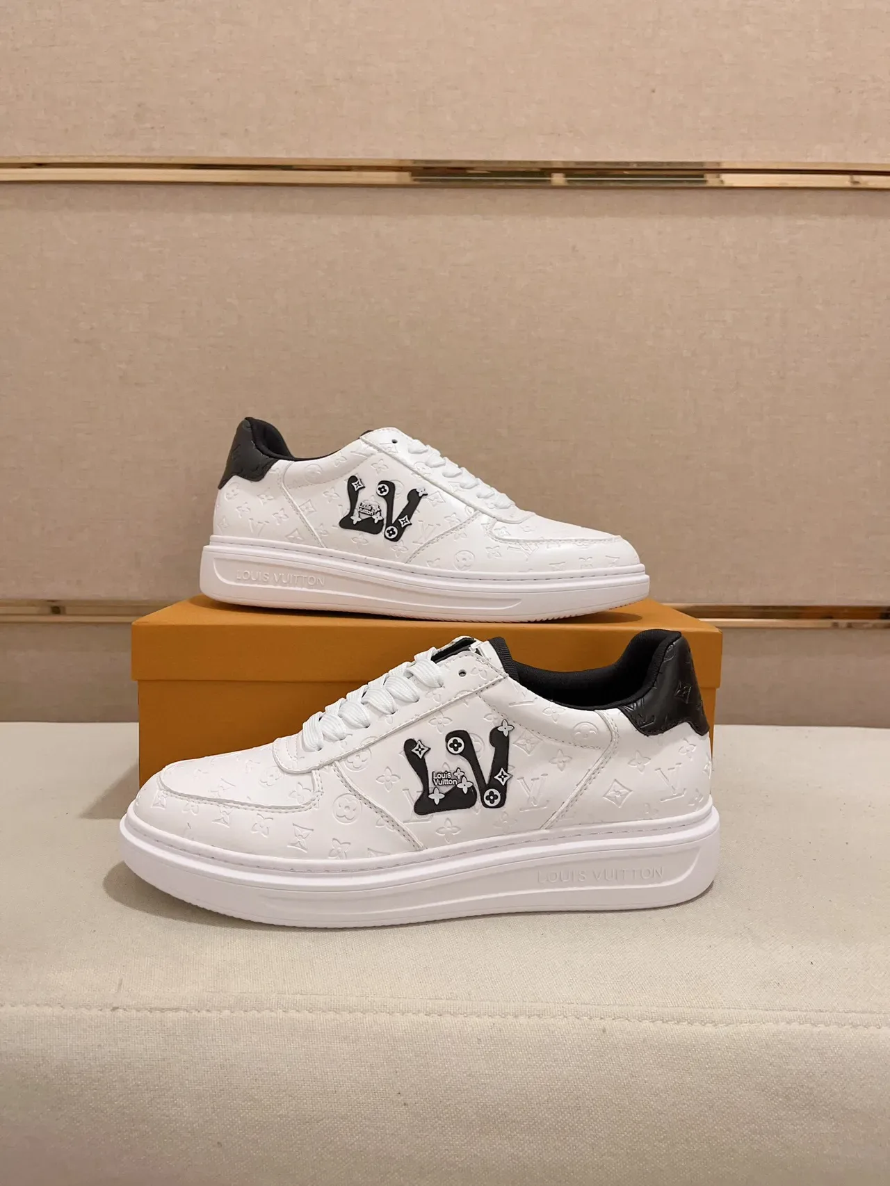 Louis Vuitton White Black Monogram-Embossed Leather Low-Top Silhouette Lifestyle Sneakers 7