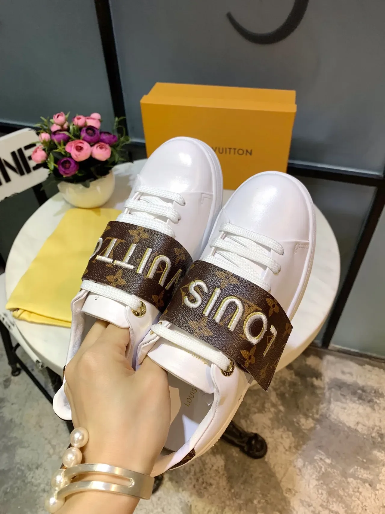 Louis Vuitton White Brown Leather Monogram Strap Lifestyle Sneakers 2