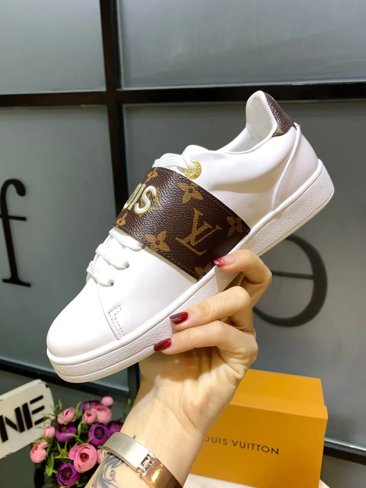 Louis Vuitton White Brown Leather Monogram Strap Lifestyle Sneakers 3
