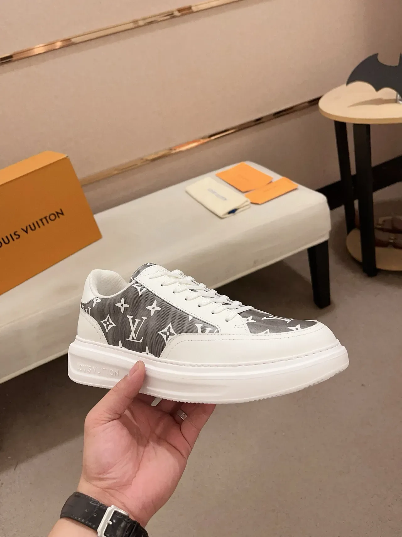 Louis Vuitton White Gray Low-Top Monogrammed Panel Lifestyle Sneakers 5