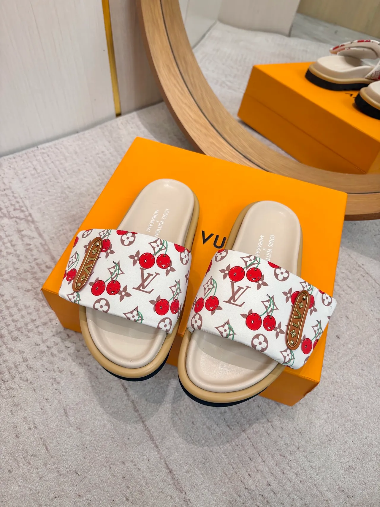 Louis Vuitton White Red Cherry-Print Monogram Canvas Leather LV Plaque Slippers 2