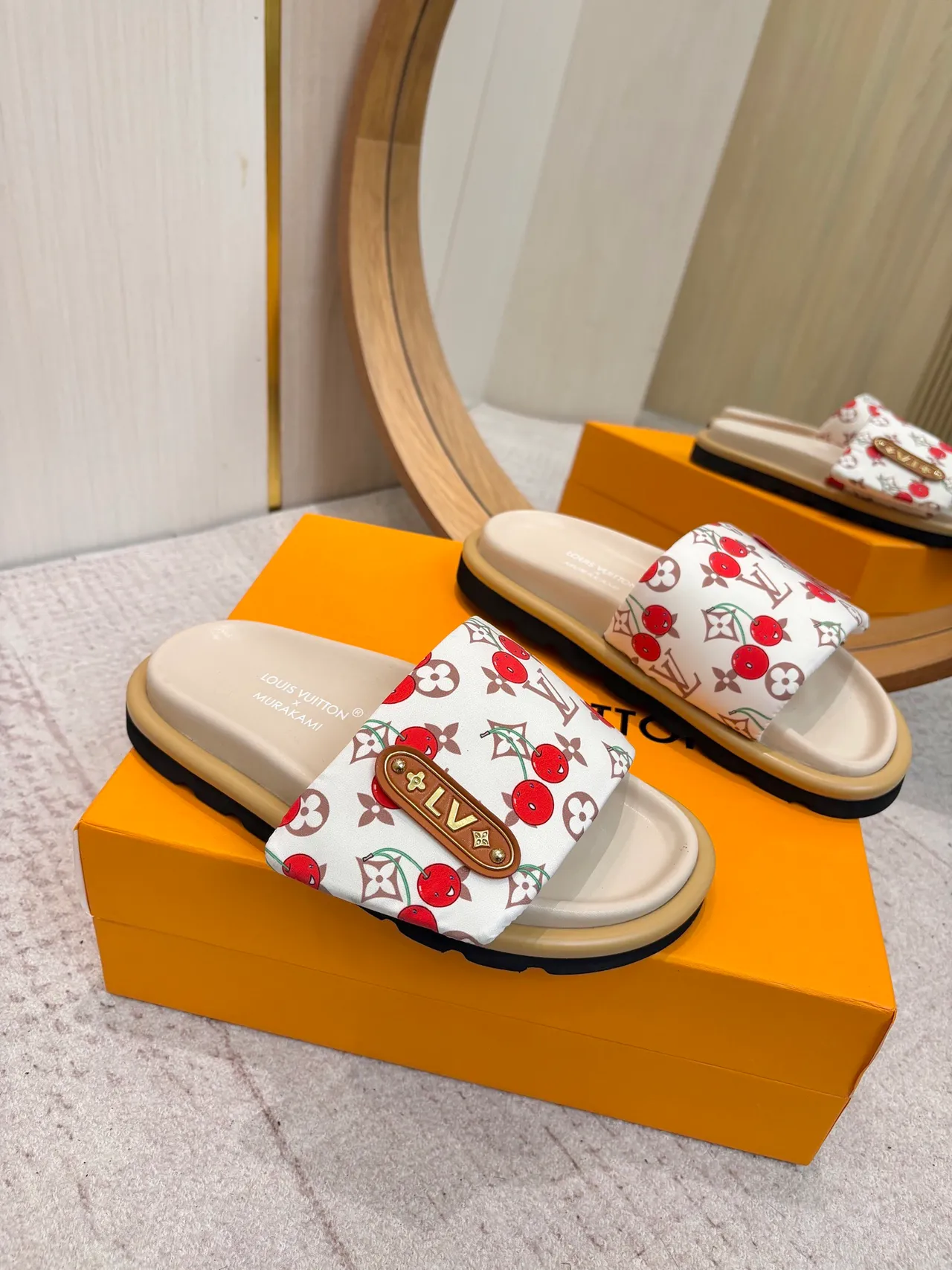 Louis Vuitton White Red Cherry-Print Monogram Canvas Leather LV Plaque Slippers 3