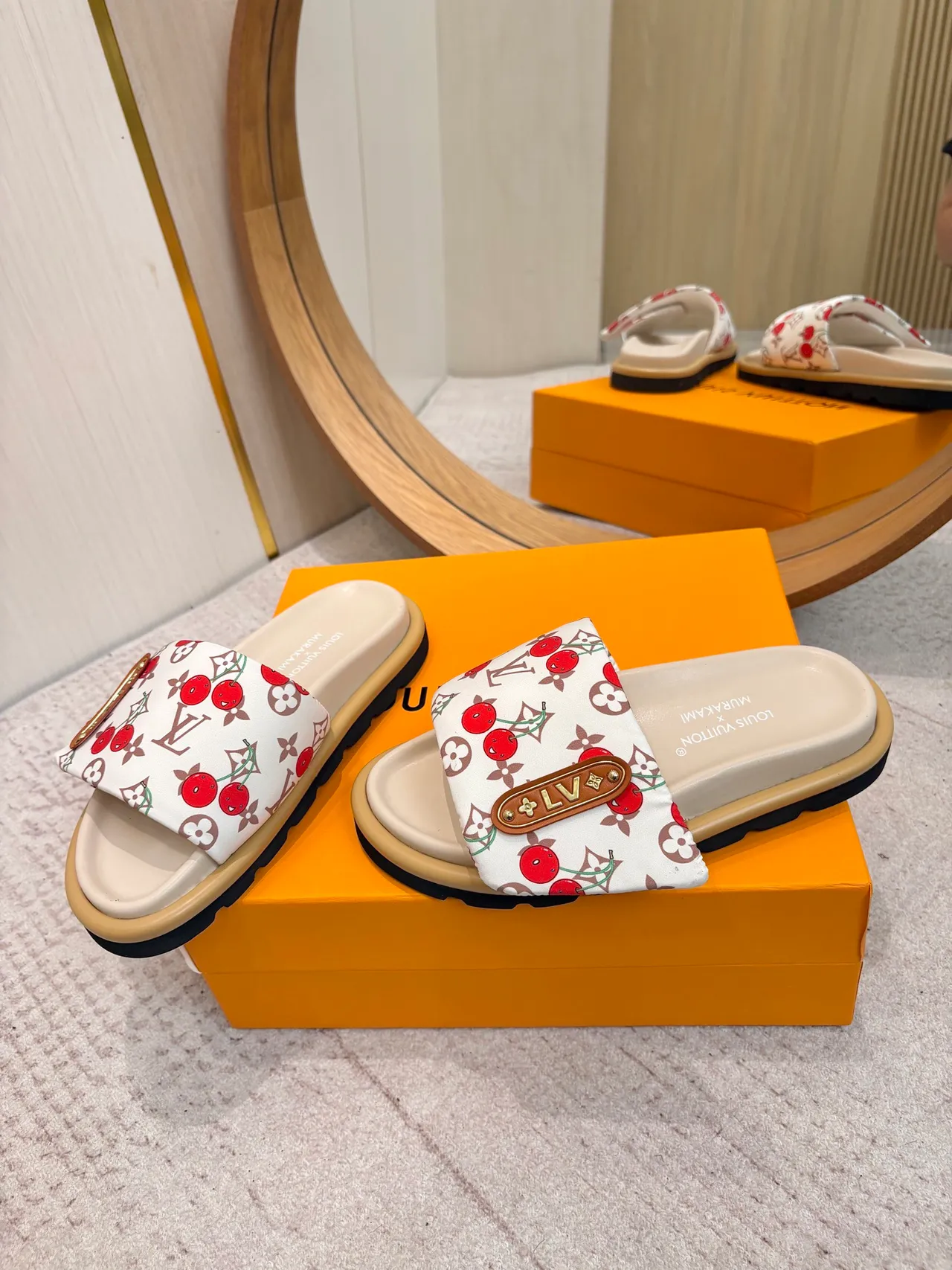 Louis Vuitton White Red Cherry-Print Monogram Canvas Leather LV Plaque Slippers 4