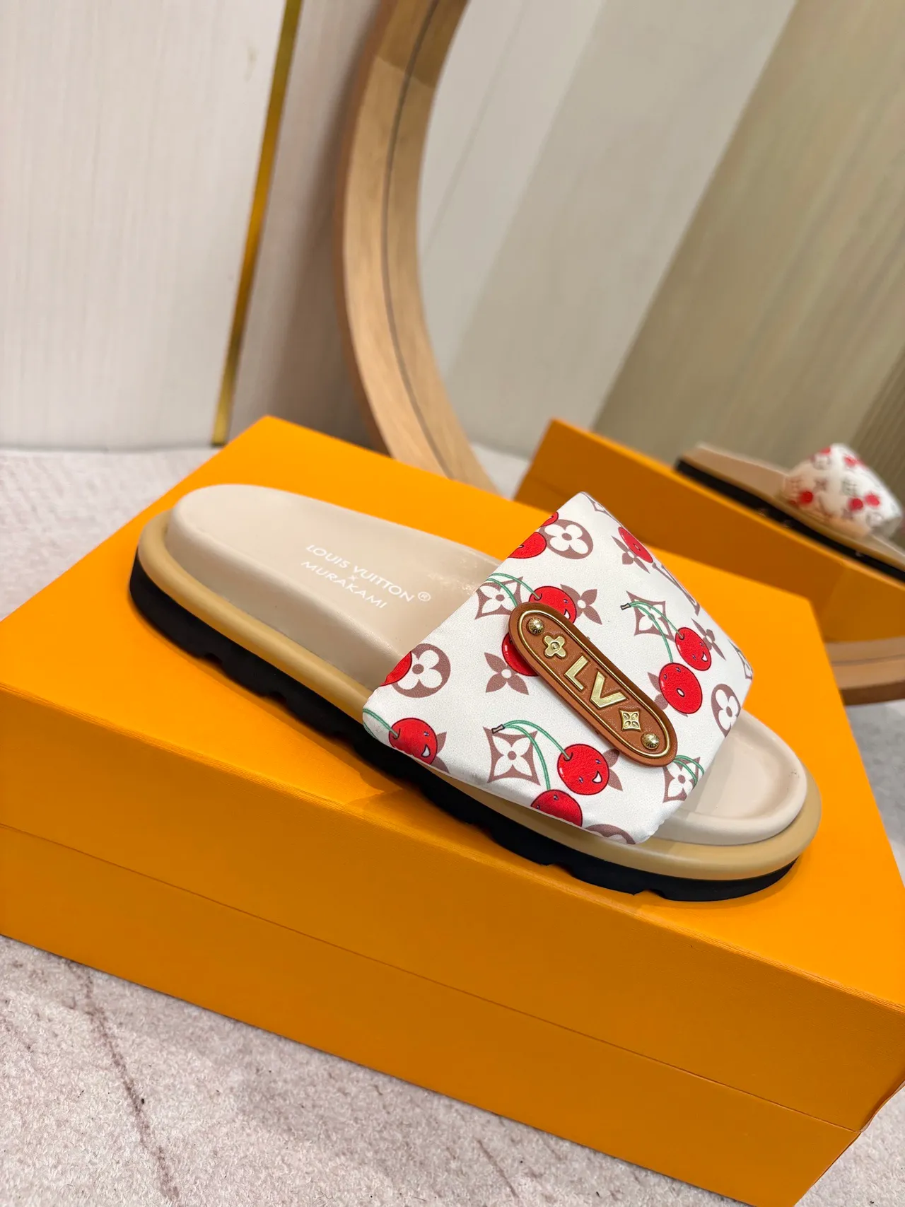 Louis Vuitton White Red Cherry-Print Monogram Canvas Leather LV Plaque Slippers 5