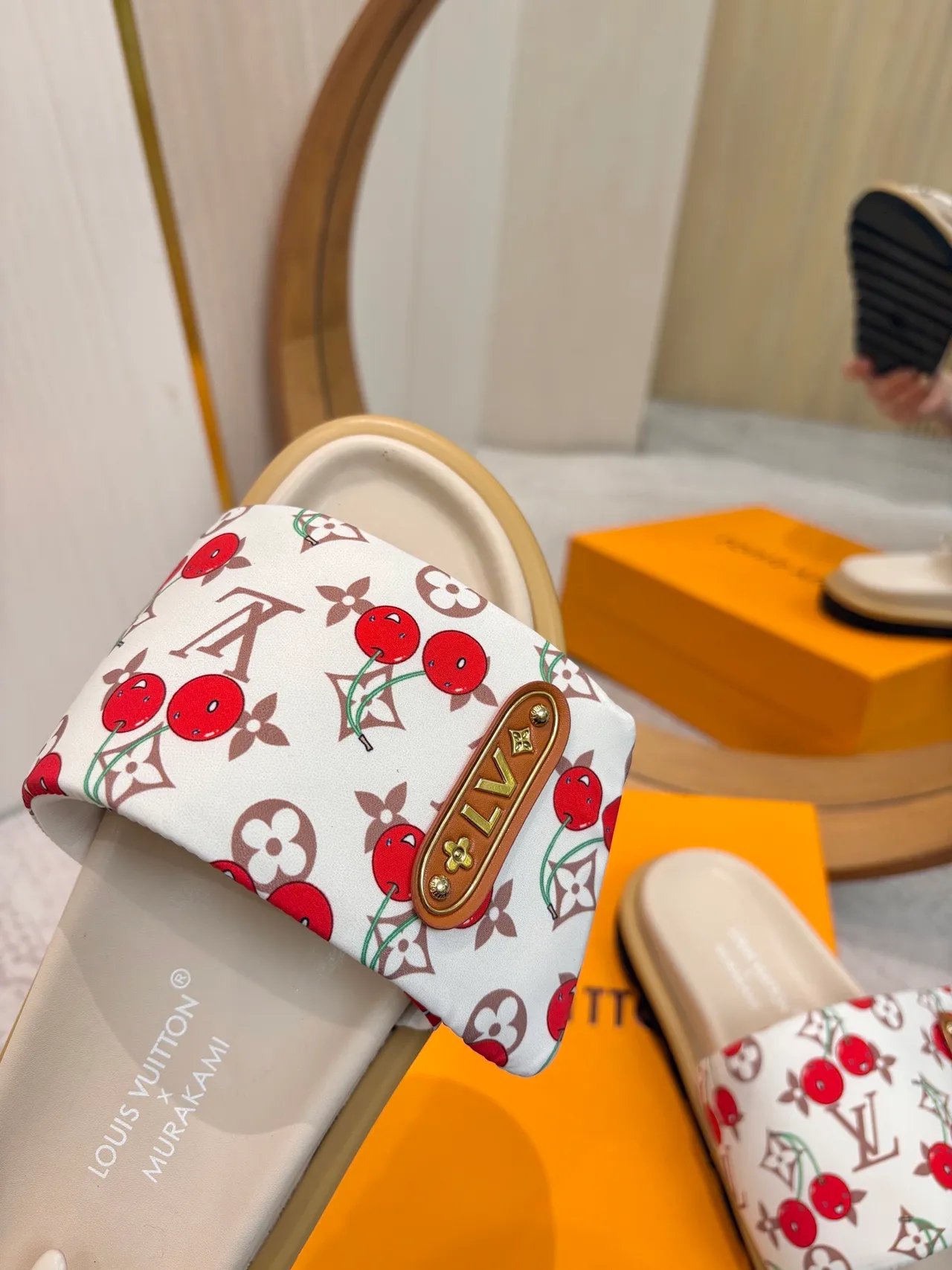 Louis Vuitton White Red Cherry-Print Monogram Canvas Leather LV Plaque Slippers 6