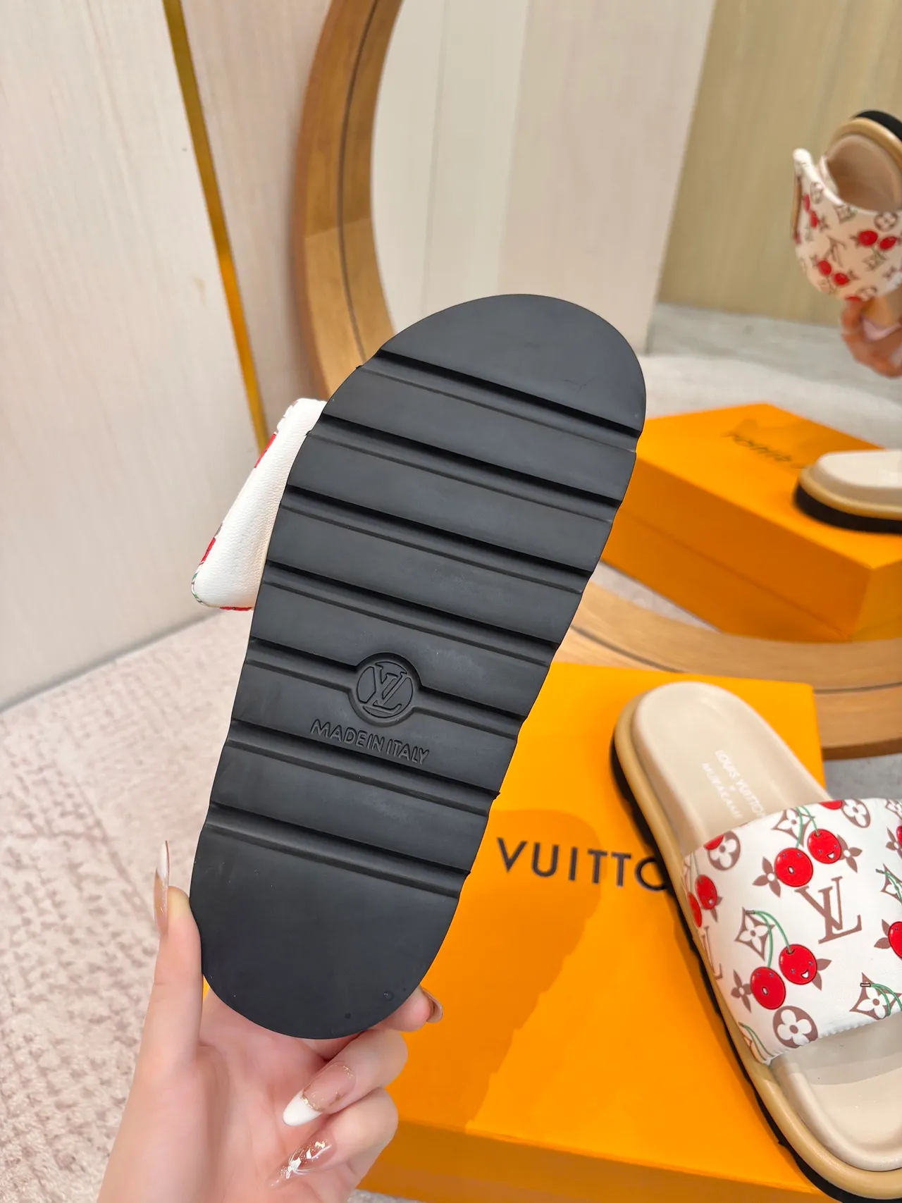 Louis Vuitton White Red Cherry-Print Monogram Canvas Leather LV Plaque Slippers 9