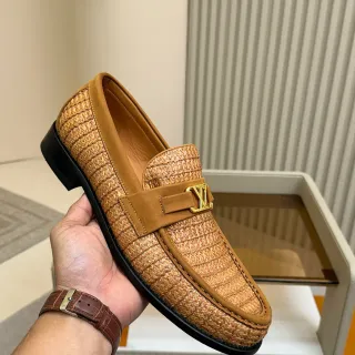 Louis Vuitton 编织乐福鞋 米色黑色 拉菲草鞋面 小牛皮鞋带 乐福鞋