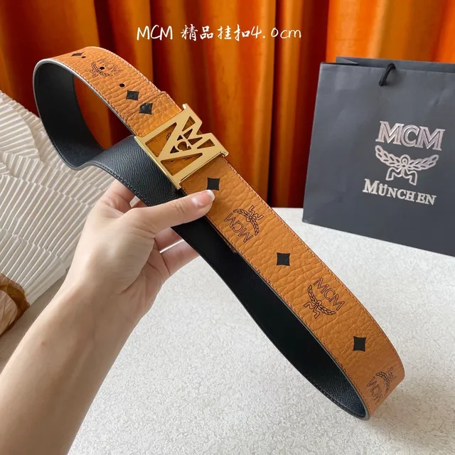 MCM Visetos Brown Gold Embossed Monogram Leather Belt 2