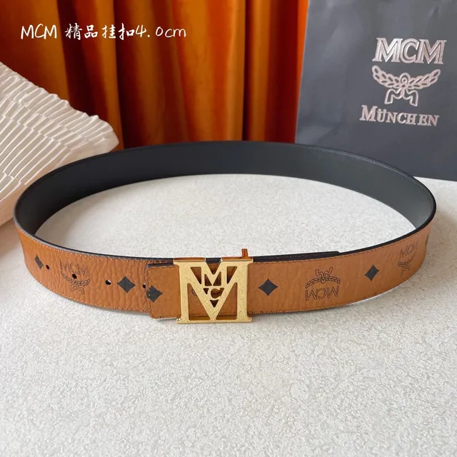 MCM Visetos Brown Gold Embossed Monogram Leather Belt 3
