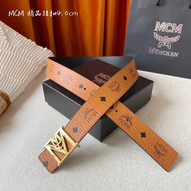MCM Visetos Brown Gold Embossed Monogram Leather Belt 4