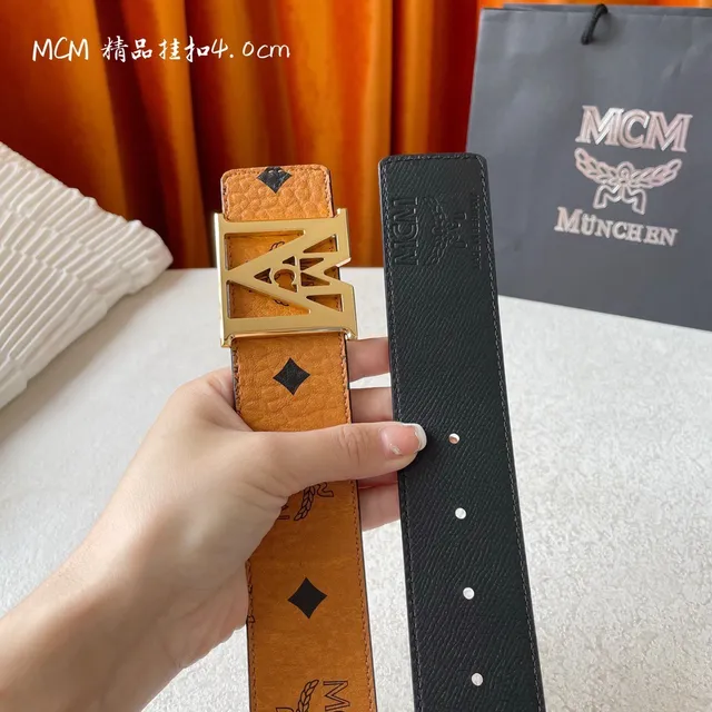 MCM Visetos Brown Gold Embossed Monogram Leather Belt 5