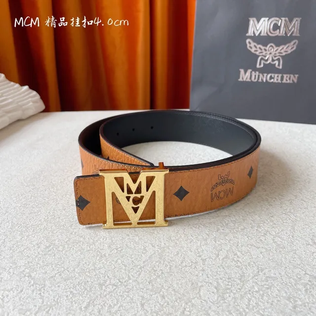 MCM Visetos Brown Gold Embossed Monogram Leather Belt 6