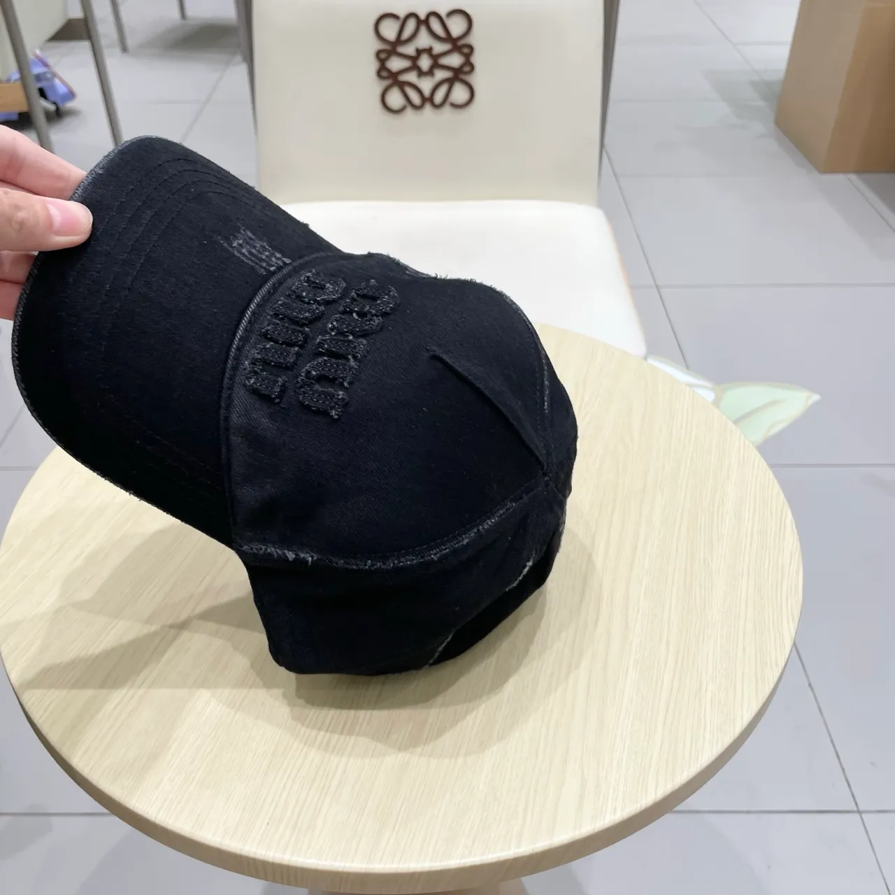 Miu Miu Black Distressed Denim Embroidered Logo Baseball Cap 4