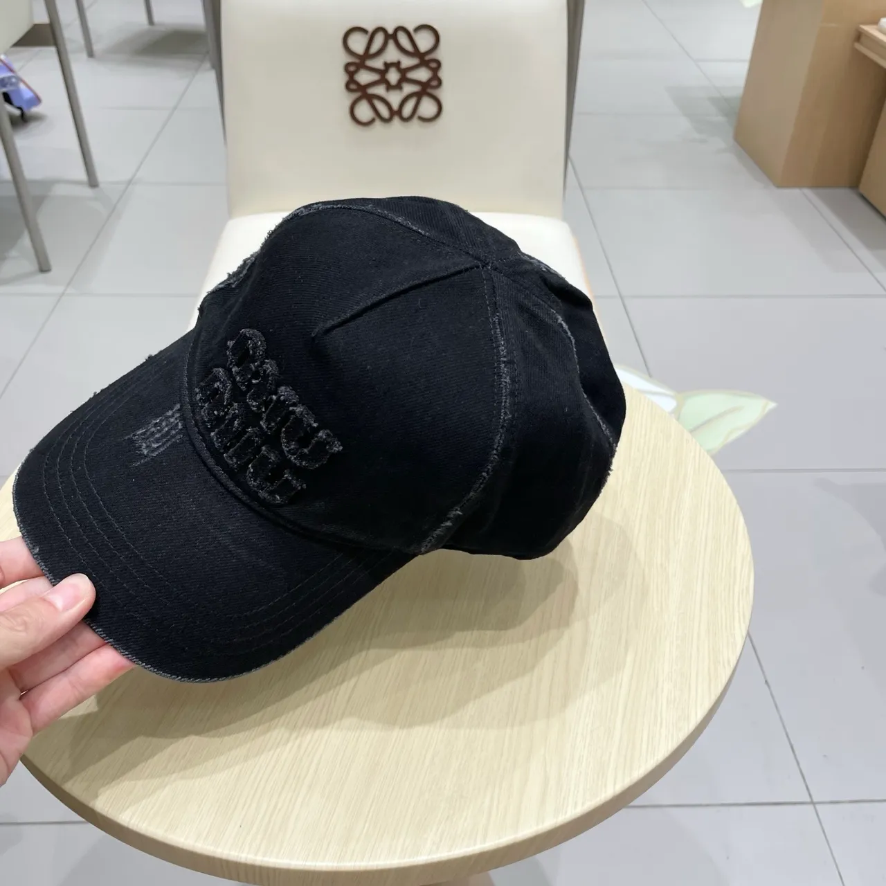 Miu Miu Black Distressed Denim Embroidered Logo Baseball Cap 5