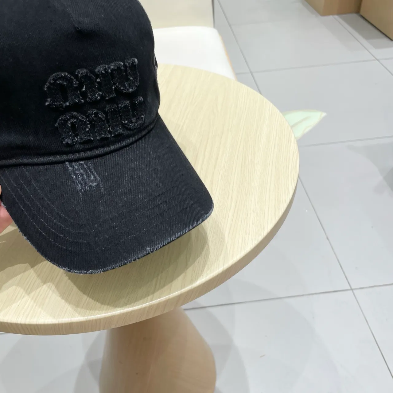Miu Miu Black Distressed Denim Embroidered Logo Baseball Cap 7