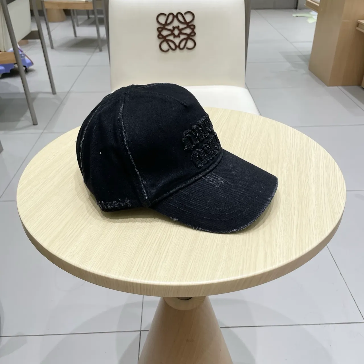 Miu Miu Black Distressed Denim Embroidered Logo Baseball Cap 8