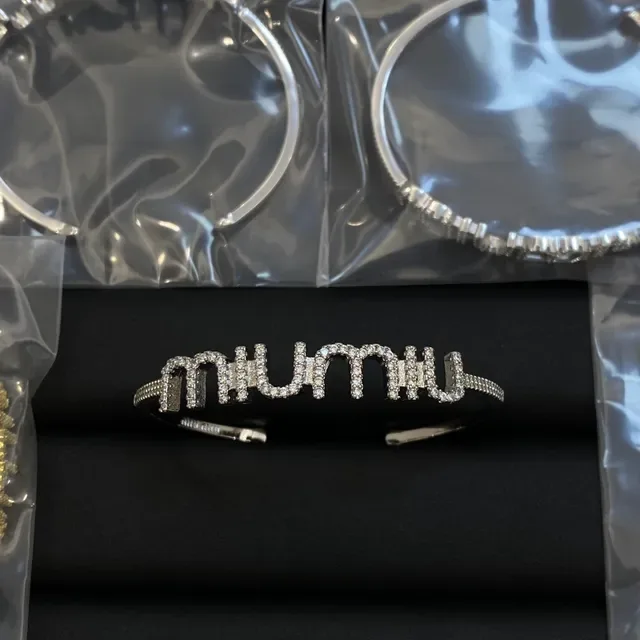 Miu Miu Gold Silver Pavé-Crystal Lettering Metal Bracelet 2