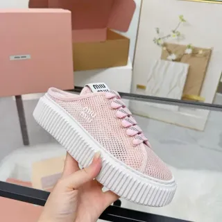 Miu Miu Platform Sneaker Pink White Mesh Upper Ridged Sole Lifestyle Sneakers