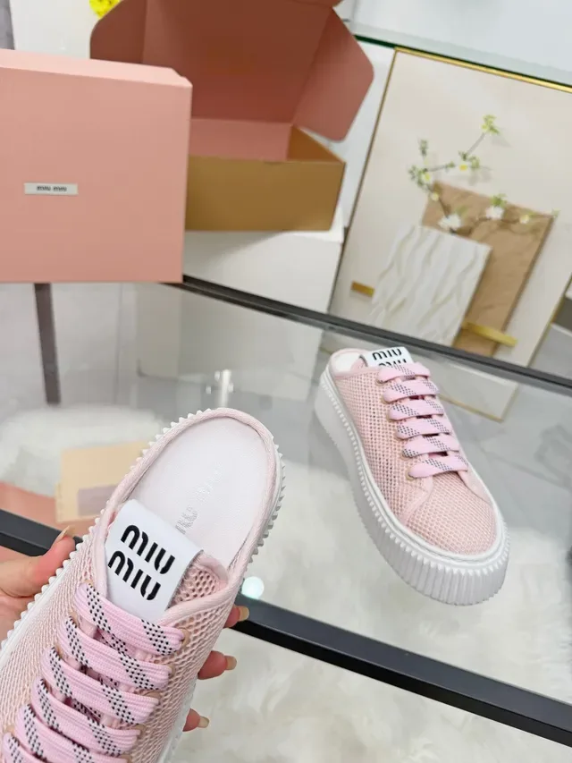 Miu Miu Platform Sneaker Pink White Mesh Upper Ridged Sole Lifestyle Sneakers 3