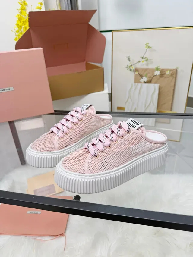 Miu Miu Platform Sneaker Pink White Mesh Upper Ridged Sole Lifestyle Sneakers 5