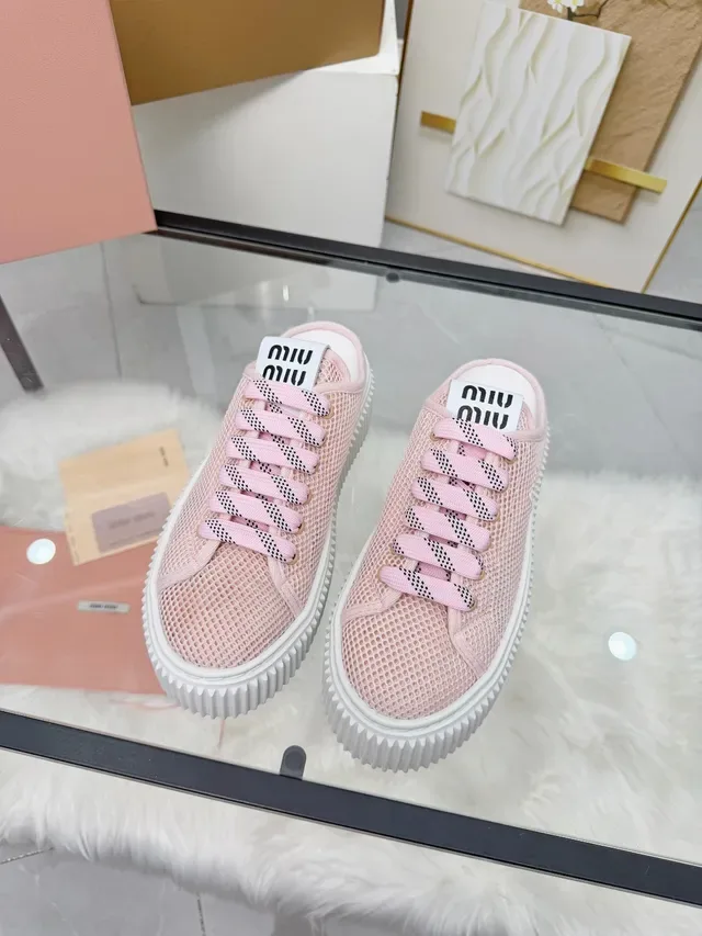 Miu Miu Platform Sneaker Pink White Mesh Upper Ridged Sole Lifestyle Sneakers 6
