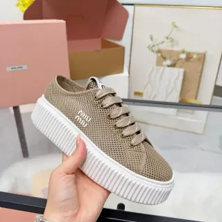 Miu Miu Platform Sneakers Beige White Mesh Upper Ridged Sole Lifestyle Sneakers