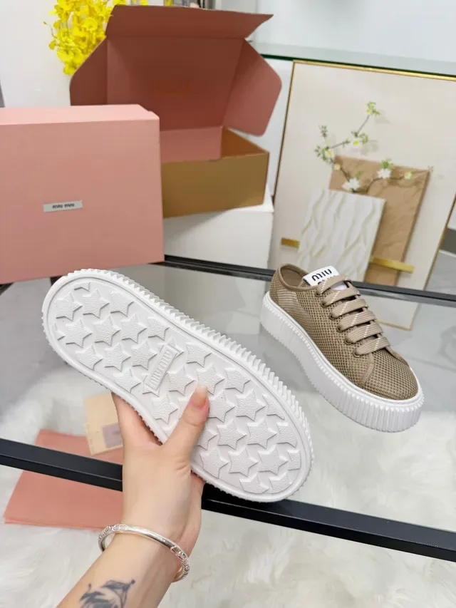 Miu Miu Platform Sneakers Beige White Mesh Upper Ridged Sole Lifestyle Sneakers 2