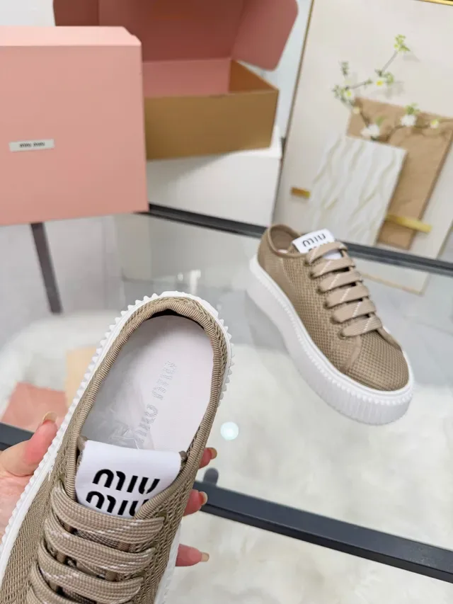 Miu Miu Platform Sneakers Beige White Mesh Upper Ridged Sole Lifestyle Sneakers 3