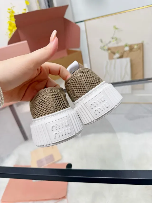 Miu Miu Platform Sneakers Beige White Mesh Upper Ridged Sole Lifestyle Sneakers 4