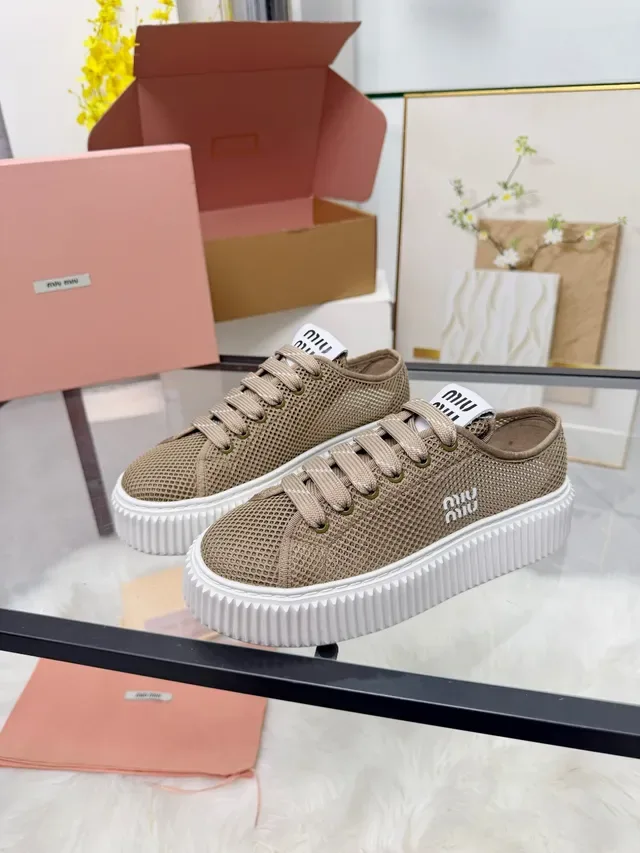 Miu Miu Platform Sneakers Beige White Mesh Upper Ridged Sole Lifestyle Sneakers 5