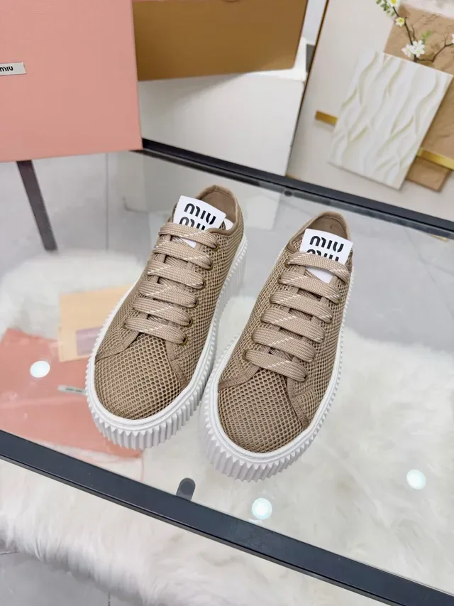Miu Miu Platform Sneakers Beige White Mesh Upper Ridged Sole Lifestyle Sneakers 6