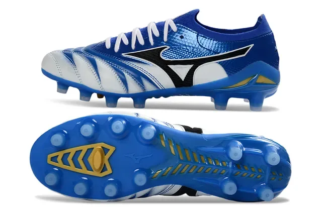 Mizuno Bleu Blanc Chaussures de football à tige basse en maille avec overlays synthétiques motif ondulé pour terrain ferme 6