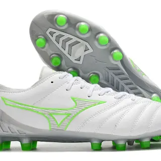 Mizuno Morelia Neo White and Neon Green Firm-Ground Soccer Shoes