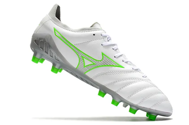 Mizuno Morelia Neo أبيض وأخضر نيون أحذية كرة القدم للأرض الصلبة 2