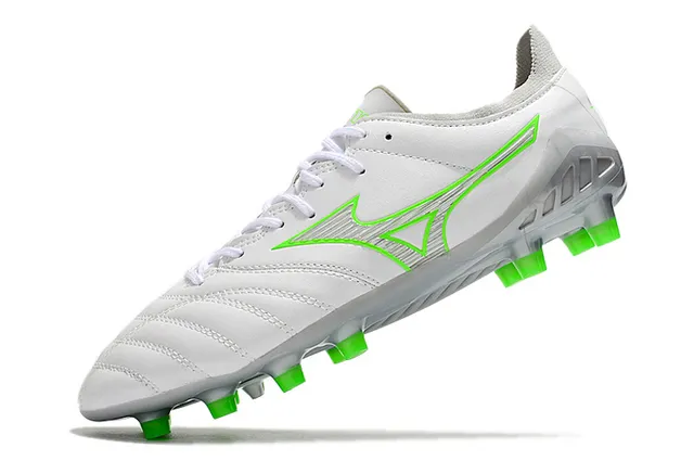 Mizuno Morelia Neo أبيض وأخضر نيون أحذية كرة القدم للأرض الصلبة 3