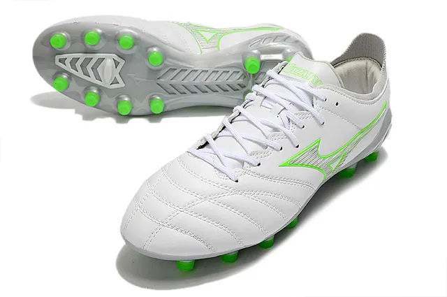 Mizuno Morelia Neo أبيض وأخضر نيون أحذية كرة القدم للأرض الصلبة 4