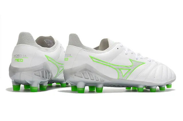 Mizuno Morelia Neo أبيض وأخضر نيون أحذية كرة القدم للأرض الصلبة 5