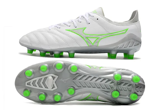 Mizuno Morelia Neo أبيض وأخضر نيون أحذية كرة القدم للأرض الصلبة 6