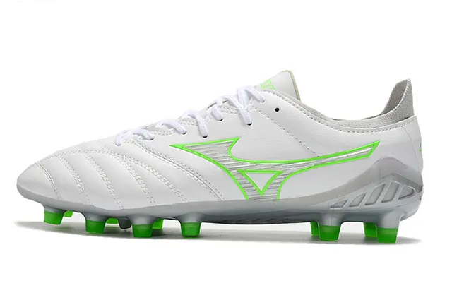 Mizuno Morelia Neo أبيض وأخضر نيون أحذية كرة القدم للأرض الصلبة 7