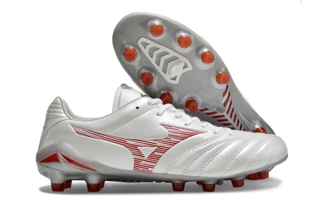 Mizuno Vermelho Branco Metálico Couro Sintético Acolchoado Vamp Solo Firme Sapatos de Futebol 4