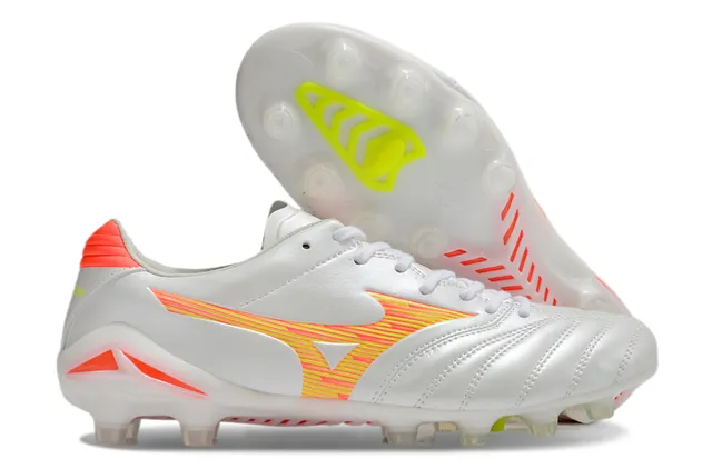 Mizuno Vermelho Branco Metálico Couro Sintético Acolchoado Vamp Solo Firme Sapatos de Futebol 7